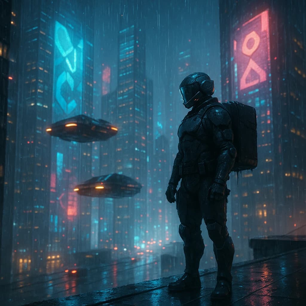 Rain-soaked neon megacity at night, flying taxis weave between glass towers, giant holograms flicker; a lone courier in a matte exosuit, somewhat cinematic wide angle.