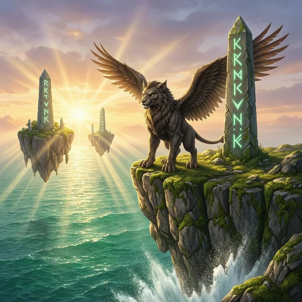 At dawn, a winged griffin lands on a mossy cliff above a jade sea beside a runed obelisk; floating isles drift under golden sunbeams, with a bit of sea spray and glowing runes.