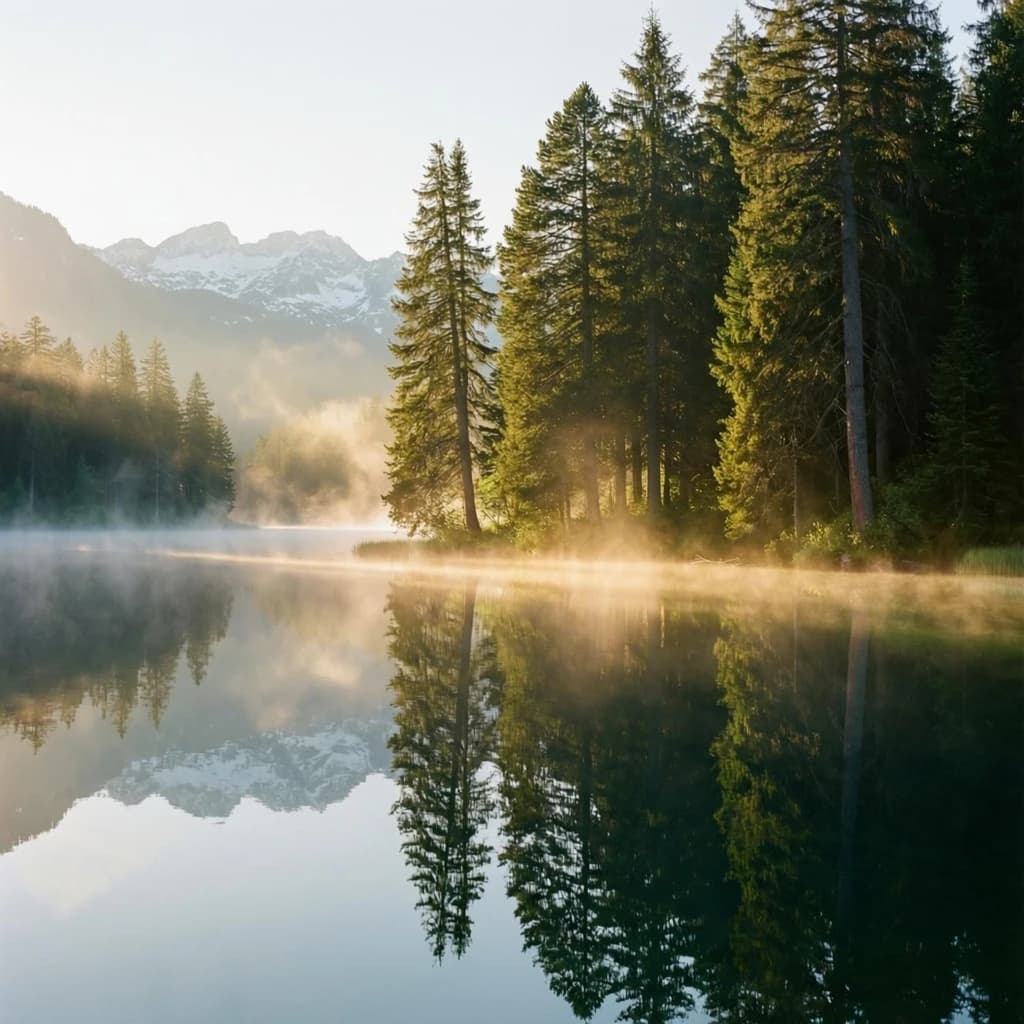 I want a photo of a misty alpine lake at dawn, pines, glassy water, warm light.