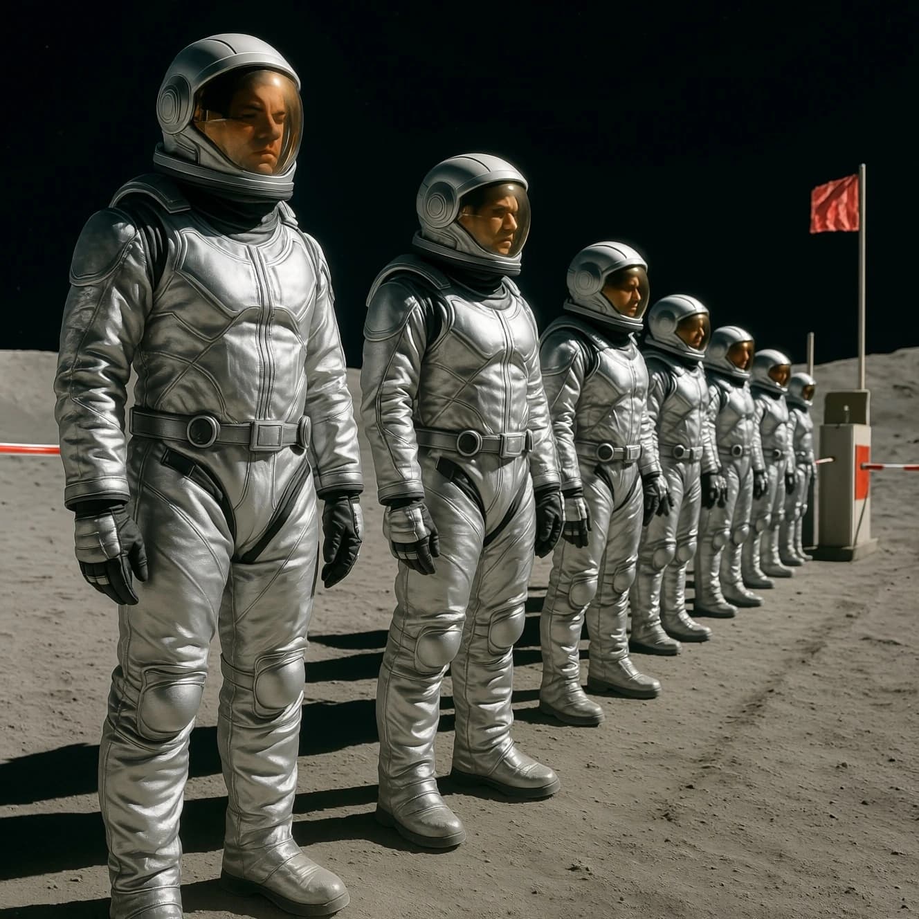 Silver exosuits queue at a dusty lunar checkpoint.