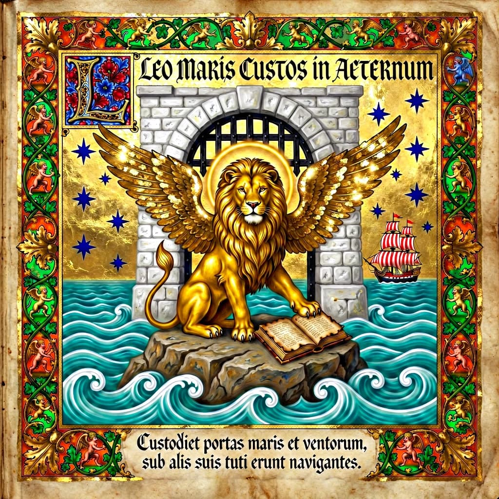 Paint an illuminated manuscript scene of a winged lion guarding a sea gate.