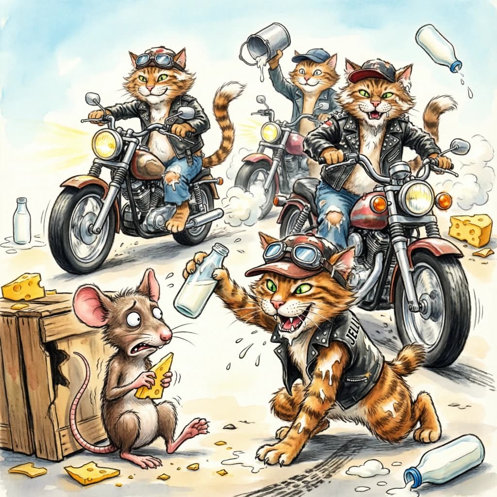 The cartoon rat clenches his thin wedge of cheese and trembles in fear as he hides from the menacing Jellicles, the roaming cat motorcycle gang, all wearing their colors with the name on the back. The cats have all drunk far too much milk and are causing a big ruckus! One cat is close to finding the rat