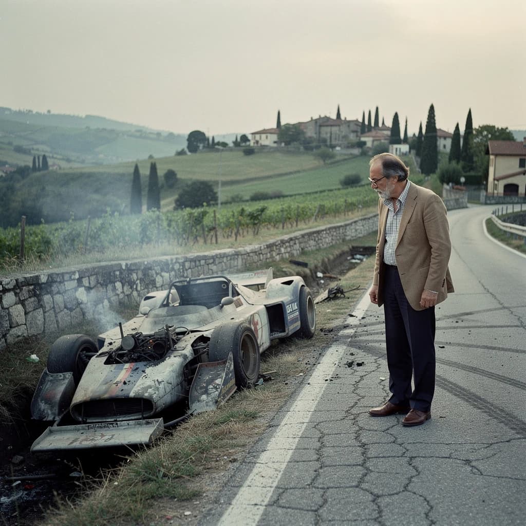 Mario examines the still smouldering wreck of the crash that took his best driver on the side of the country road. He designed this car and caused this. 3 days have passed since the crash. It's 1973 in Northern Italy.