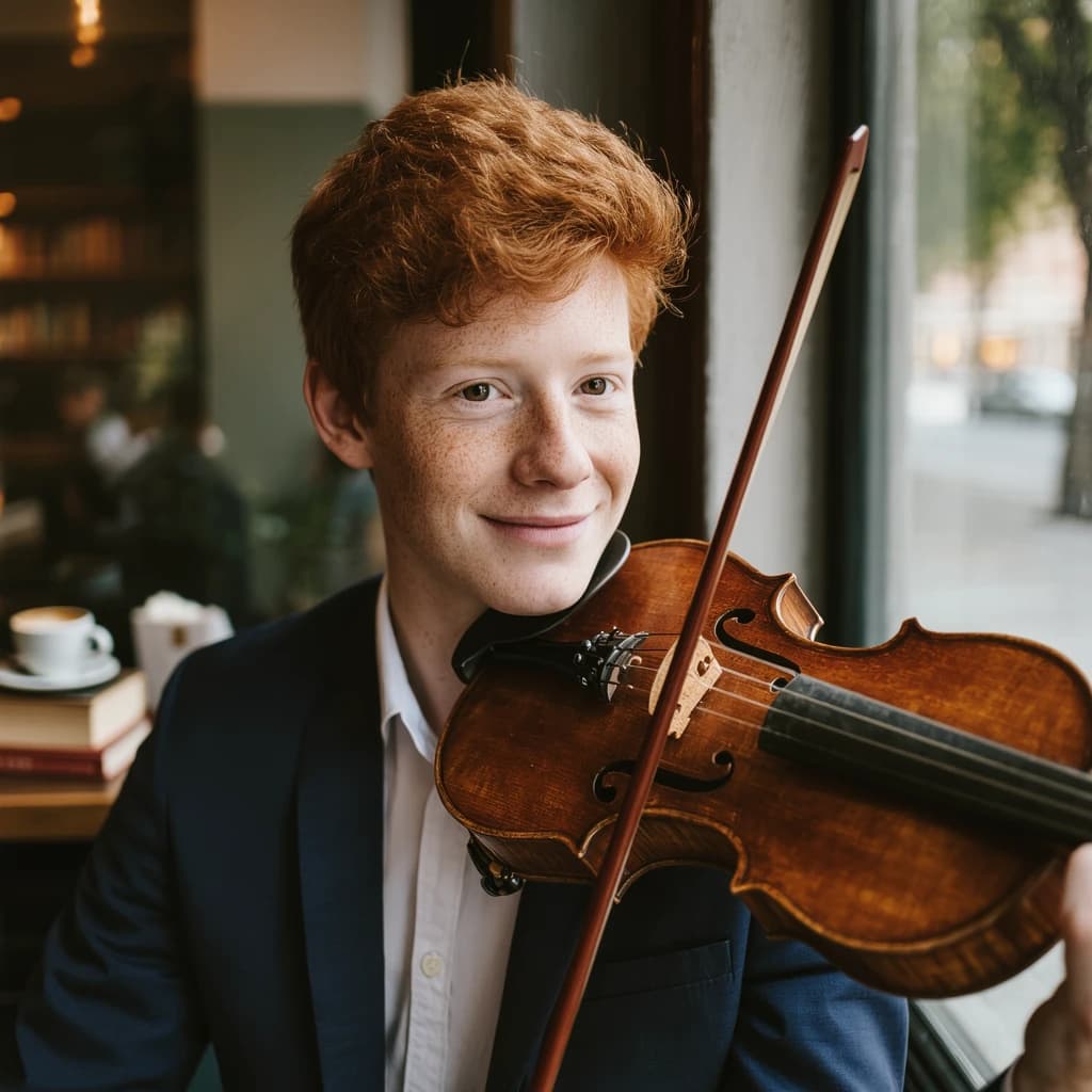 Capture a head-and-shoulders portrait of a freckled red-haired violinist in a navy blazer, soft window light, 85mm at f/1.8, gently smiling yet serious eyes, muted tones.