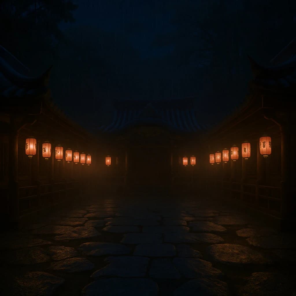 Lantern-lit shrine courtyard at night, cel-shaded, soft glow, drizzle.