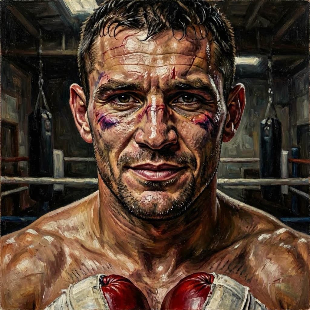 Paint a bruised boxer smiling, serious expression.