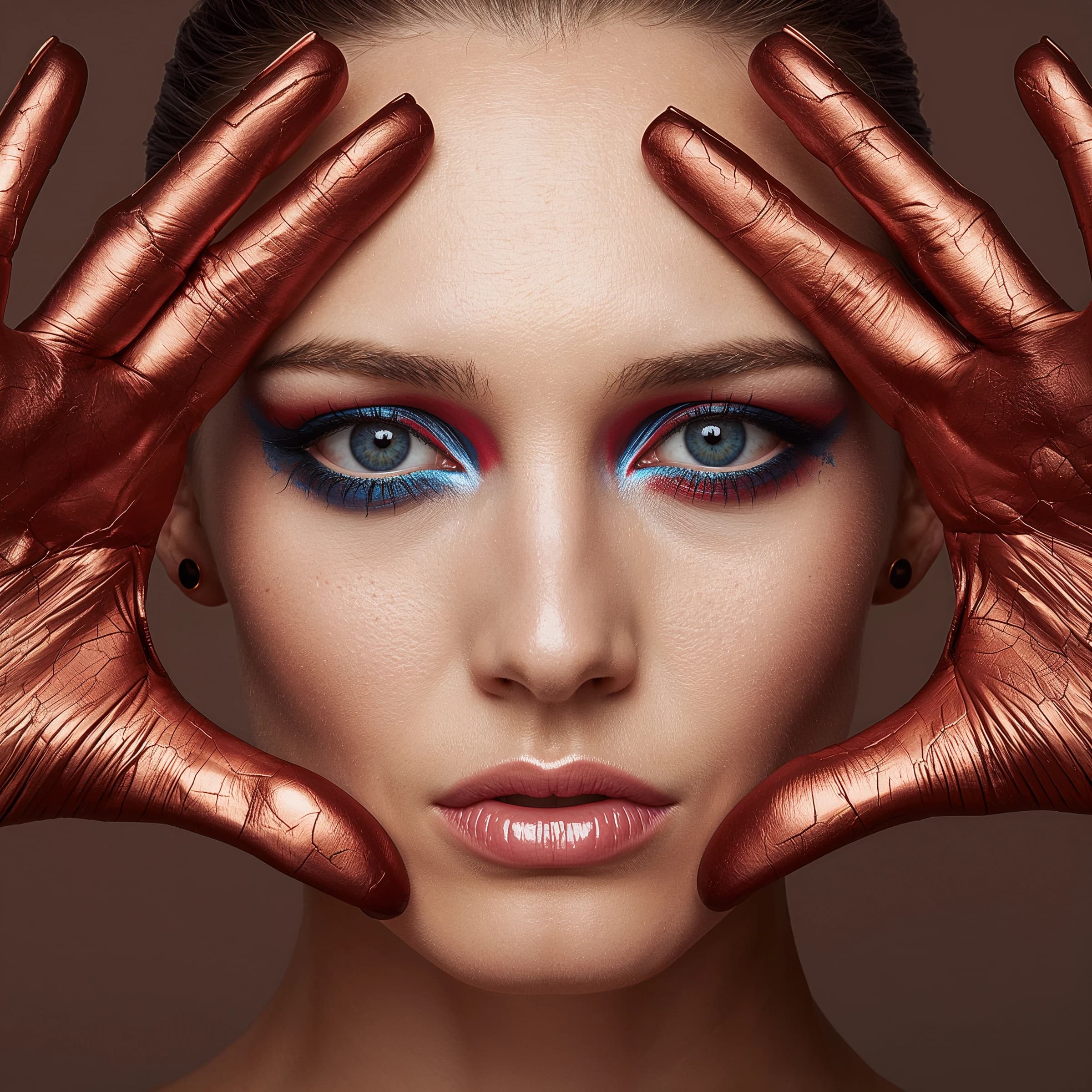 A striking close-up portrait of a woman with cracked metallic copper-painted hands framing her face. Her vivid blue and red eye makeup contrasts sharply with the smooth, pale skin and muted background, creating a bold, surreal composition. She displays an air of uncertainty about her