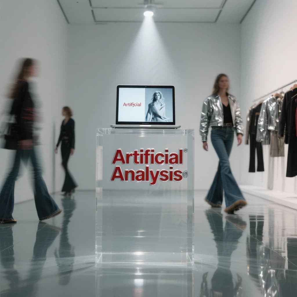 In a spotless gallery space, a pedestal supports a transparent laptop whose screen flickers between static and pristine brand imagery. Shoppers blur past in designer clothes that appear slightly outdated - bell bottoms, metallic jackets. The embossed logo “Artificial Analysis” glints silver, yet its reflection in the glass floor reads in crimson letters. A single spotlight shines, though shadows fall in two directions.