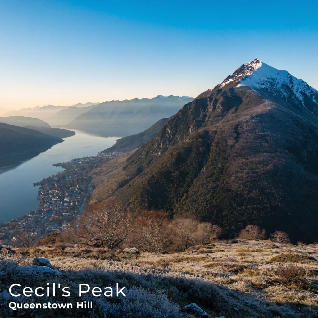 Queenstown's Lake Wakatipu, viewed from the top of Queenstown Hill after a snowstorm just dusted the top of Cecil's Peak