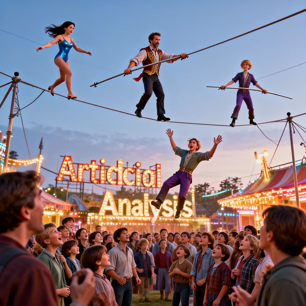At dusk, high above a carnival crowd, three tightrope walkers balance on a single rope with no aids, one is off balance and grabbing at air. Below, the audience looks upward with baited anticipation. Artificial Analysis is spelled out in the background in carnival lights