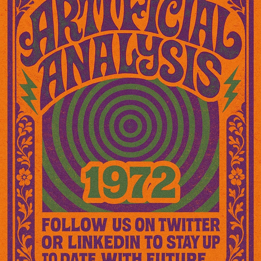 A portrait layout psychedelic concert poster from 1972 bathed in saturated oranges, deep purples, and acid greens. Swirling, hand-drawn typography arcs across the top, spelling out Artificial Analysis in bold, distorted letters that melt into spirals. Surrounded by radiating concentric circles and lightning-bolt motifs. The background is textured with halftone dots and faded paper creases, evoking a well-worn poster taped to a brick wall. Ornate floral borders frame the design, while the bottom features blocky retro lettering listing “Follow us on Twitter or LinkedIn to stay up to date with future analysis” in smaller text. 