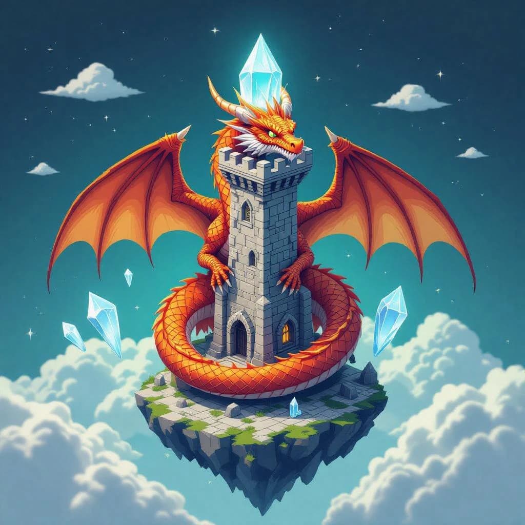 Render an isometric 3D crystal dragon circling a floating tower.