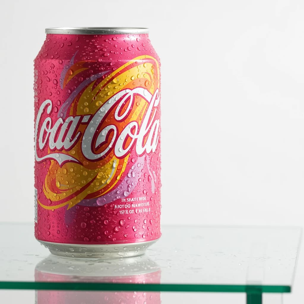 A close-up ad shot of sparkling soda can on glossy acrylic, harsh top light.