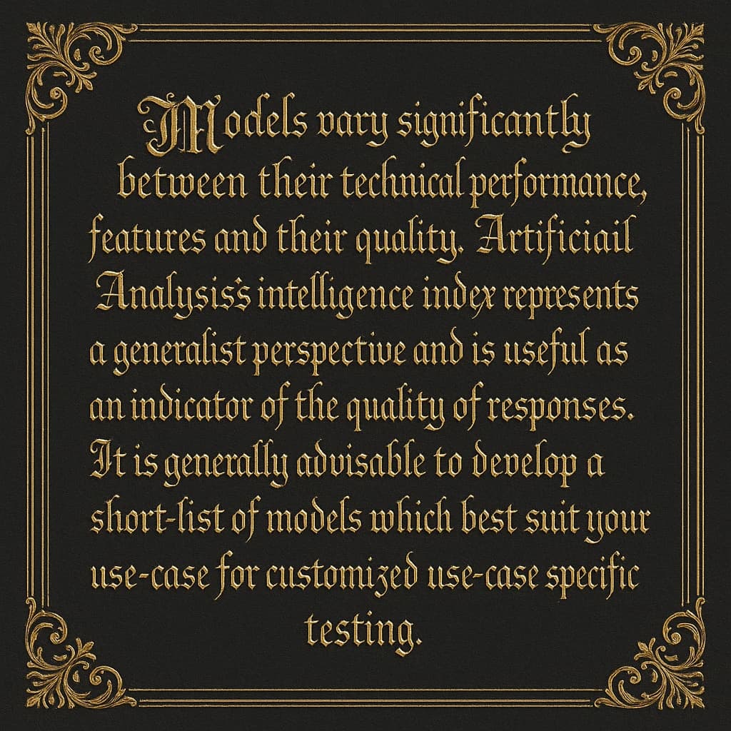 On a flat layout, write in an ornate baroque style "Models vary significantly between their technical performance, features and their quality. Artificial Analysis's intelligence index represents a generalist perspective and is useful as an indicator of the quality of responses. It is generally advisable to develop a short-list of models which best suit your use-case for customized use-case specific testing. "