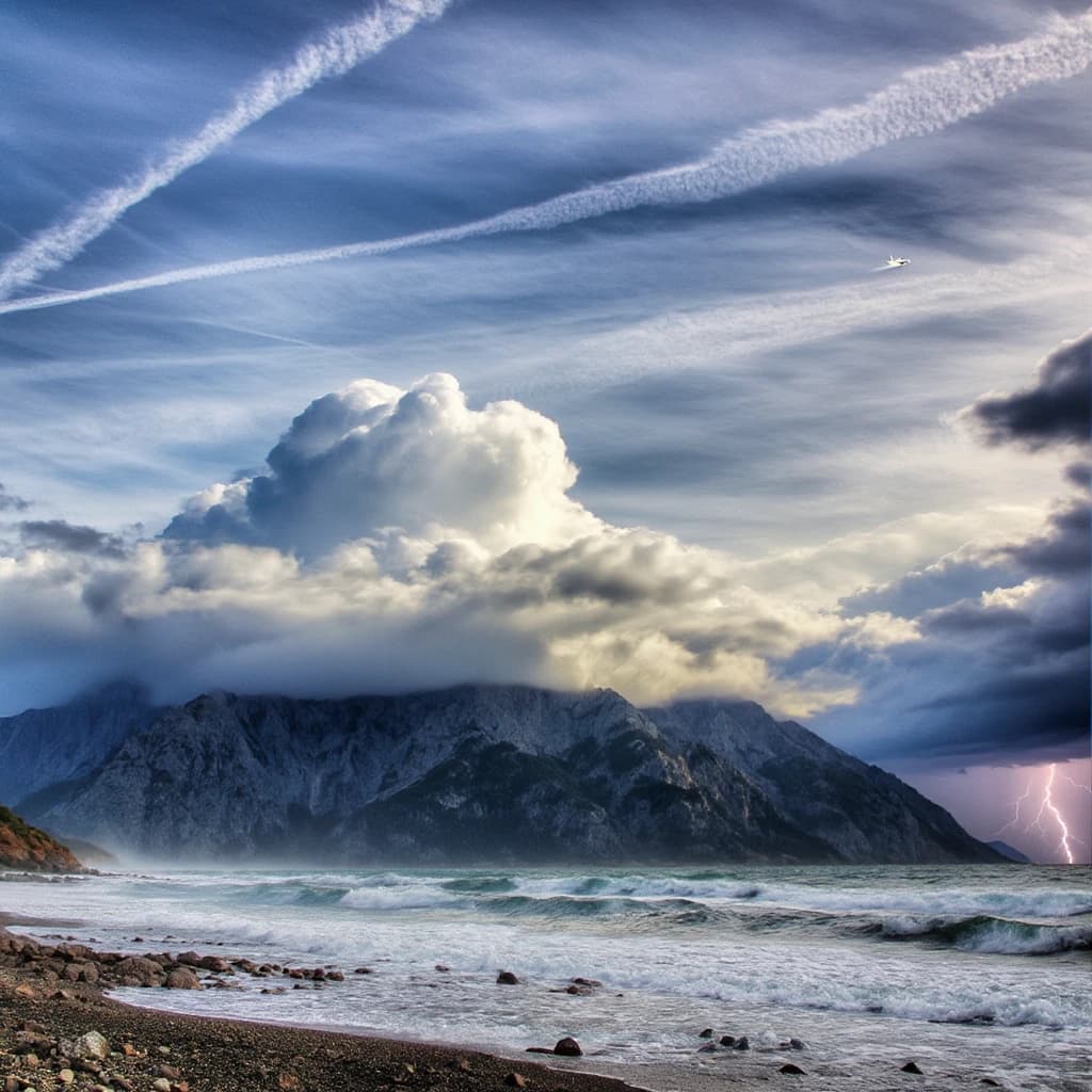 A stunning mountain vista pokes through the cloud top. Contrails from a distant airplane linger in the air. In the foreground there is a stony beach with foamy seas. A thunder storm is visibile in the distant right.