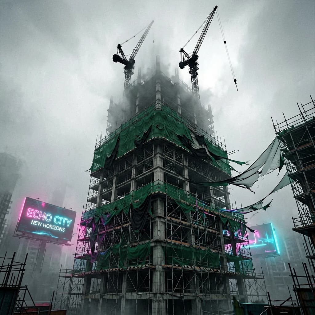 A construction site stretched upward into fog, cranes frozen in silhouette. Wind rattled scaffolding draped with torn mesh that glowed faintly from nearby billboards