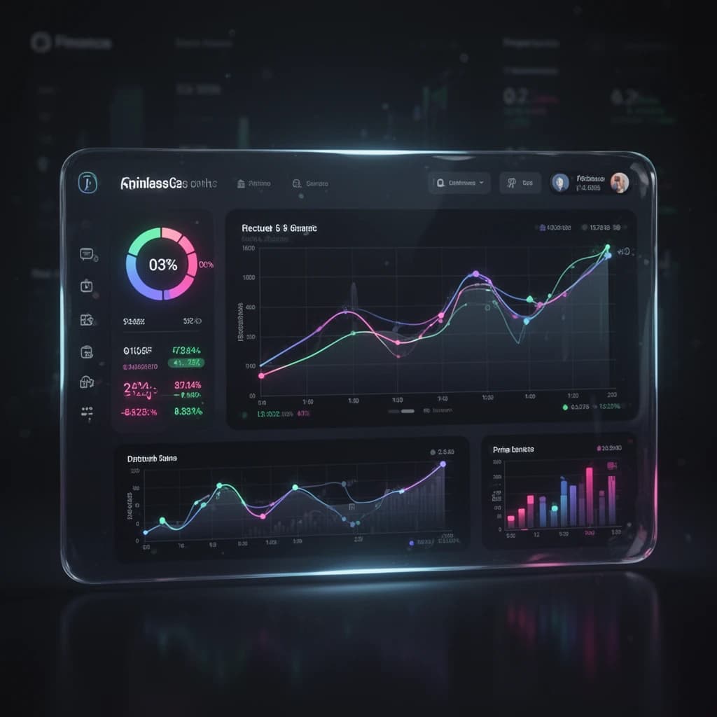 Make a dark mode finance dashboard with charts, glassmorphism, soft neon glow.