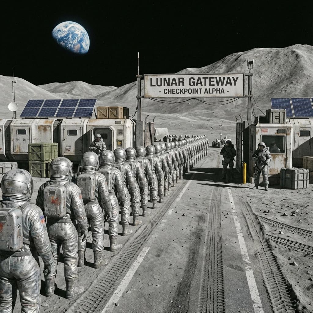 Silver exosuits queue at a dusty lunar checkpoint.