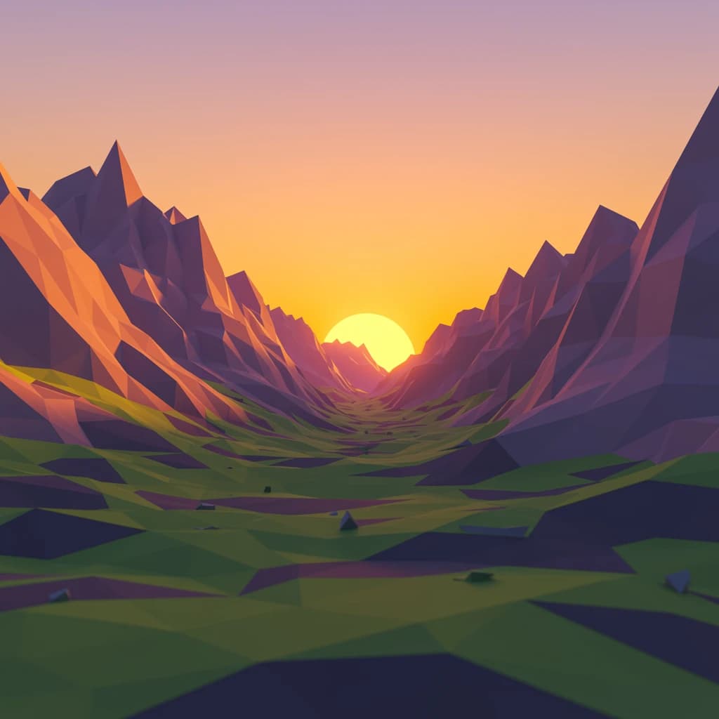 Render a low-poly alpine valley at sunset, clean gradients, long shadows.