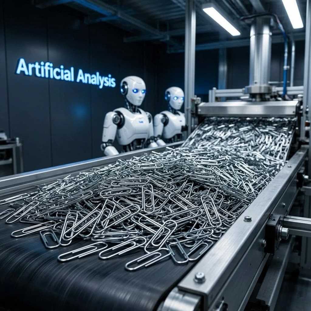 Close up point of view perspective on a conveyor belt pumping out paperclips at a maddening pace. The high tech factory has Artificial Analysis printed proudly on the wall. Robot staff look approvingly over the robust output.