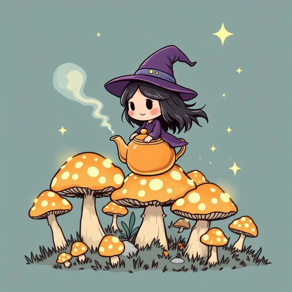 A tiny witch rides a teapot over glowing mushrooms, a bit chibi, thick lines.