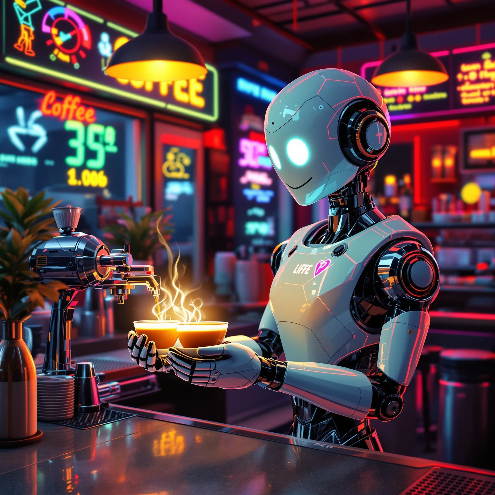 A smiling robot barista serves glowing lattes in a neon diner with bold lines.
