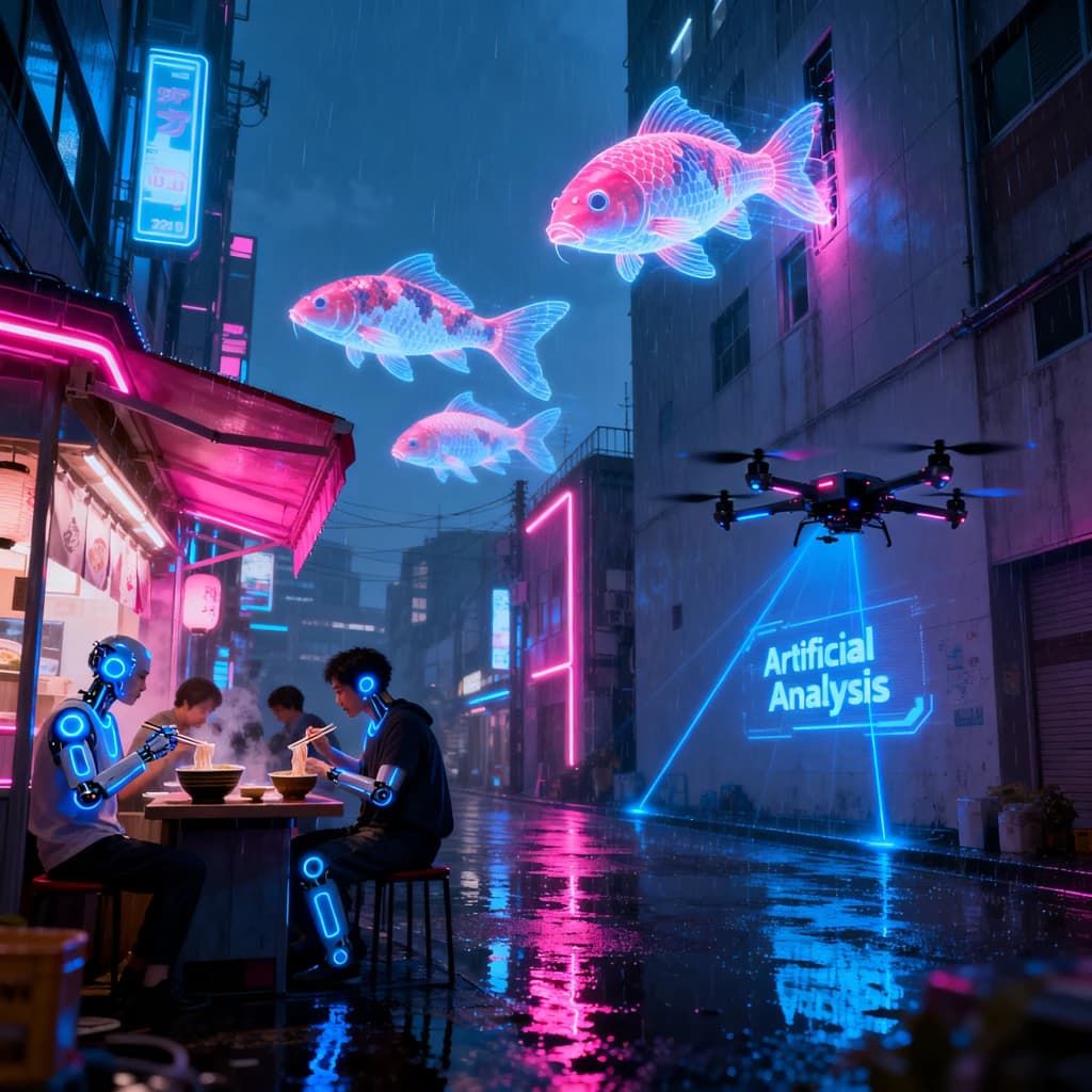 A neon alley in Neo-Tokyo 2142 drips with rain Cybernetic patrons slurp ramen at a stall with their glowing implants humming with blue light. Three giant holographic koi hover 10 metres above the ground and swim across the skyline, one has clipped into a building. A six-prop drone hovers nearby, projecting "Artificial Analysis" onto a wall with blue laser beams visible