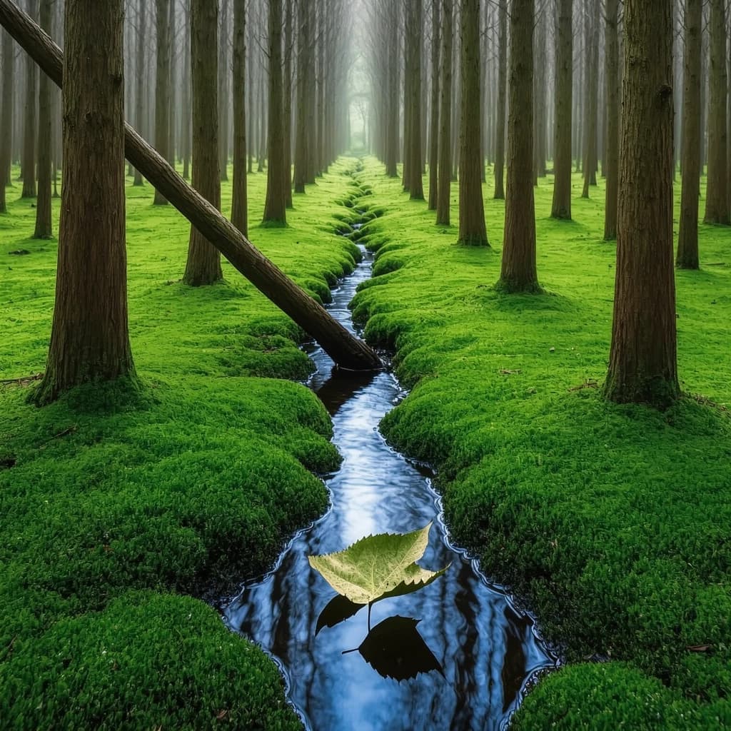 The forest is saturated green, trees identical in height and width, trunks straight, bark texture repeating. One trunk leans diagonally yet the branches remain vertical. The moss is emerald, glistening, though each patch forms identical diamond shapes. A stream runs straight, perfectly linear, water clear, reflecting clouds not visible in the sky. No animals, no insects, but one leaf floats on the water, doubled, showing two overlapping shadows.