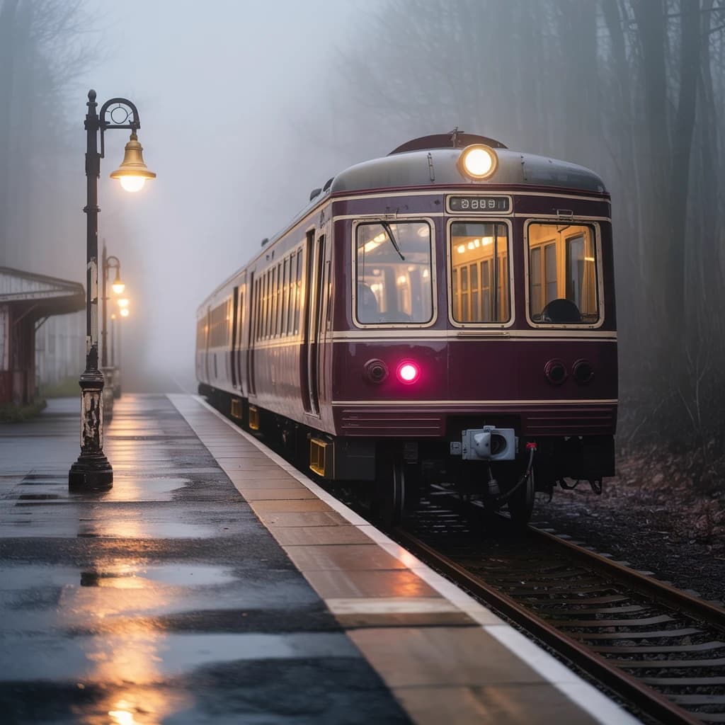 A commuter train enters a foggy little station.