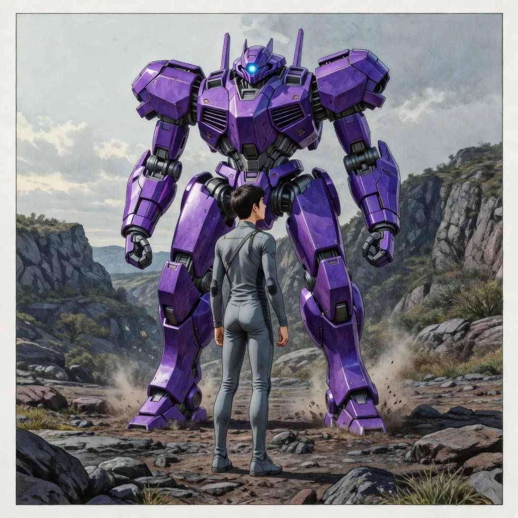 Clad in his body suit up to the neck, young Masa nervously approaches the towering mech with his back facing us. He is nervous for his first time in the field. The mech's bright purple colour scheme contrasts with the grey body suit. The scale of the mech dwarfs Masa. Hand drawn style