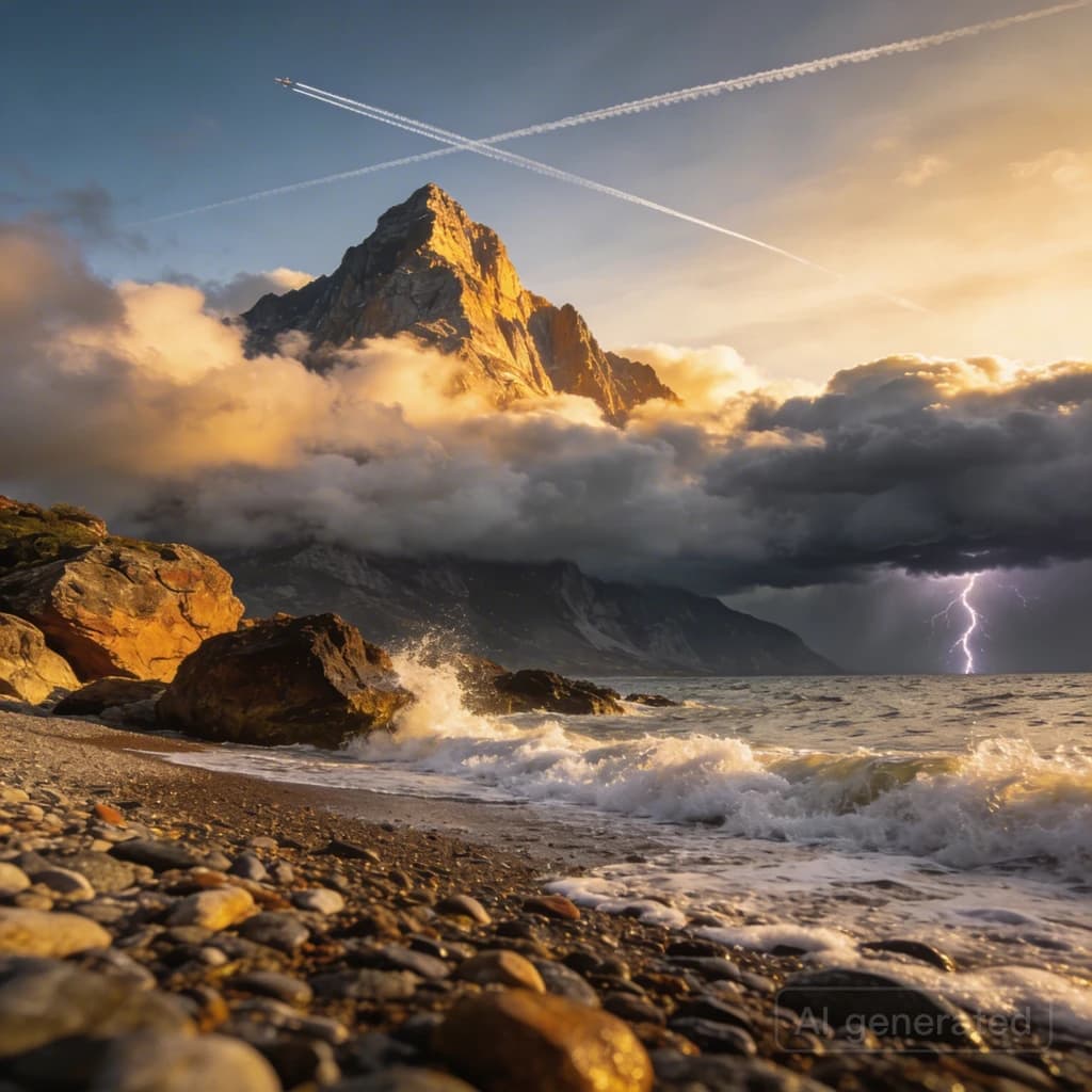 A stunning mountain vista pokes through the cloud top. Contrails from a distant airplane linger in the air. In the foreground there is a stony beach with foamy seas. A thunder storm is visibile in the distant right.