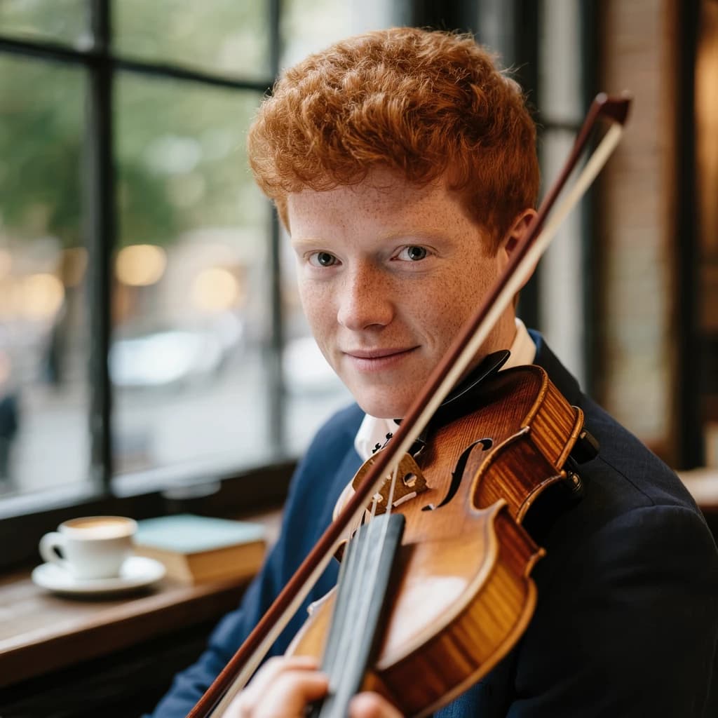 Capture a head-and-shoulders portrait of a freckled red-haired violinist in a navy blazer, soft window light, 85mm at f/1.8, gently smiling yet serious eyes, muted tones.