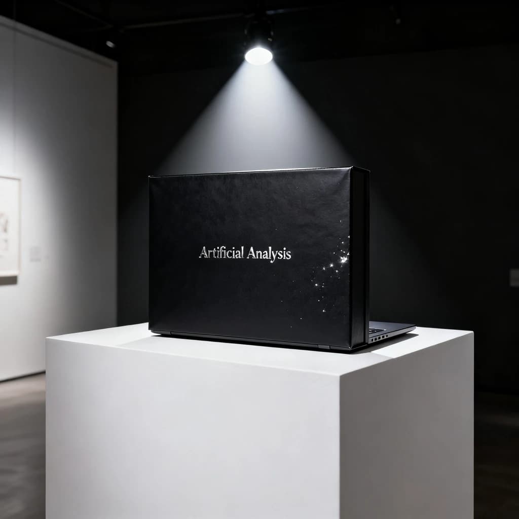 A premium matte black laptop-sized box rests on a pure white pedestal within a gallery space. Overhead, a single spotlight carves sharp contrast, leaving the edges in deep shadow. The brand name Artificial Analysis is embossed in silver foil, glinting faintly as though it were jewelry.