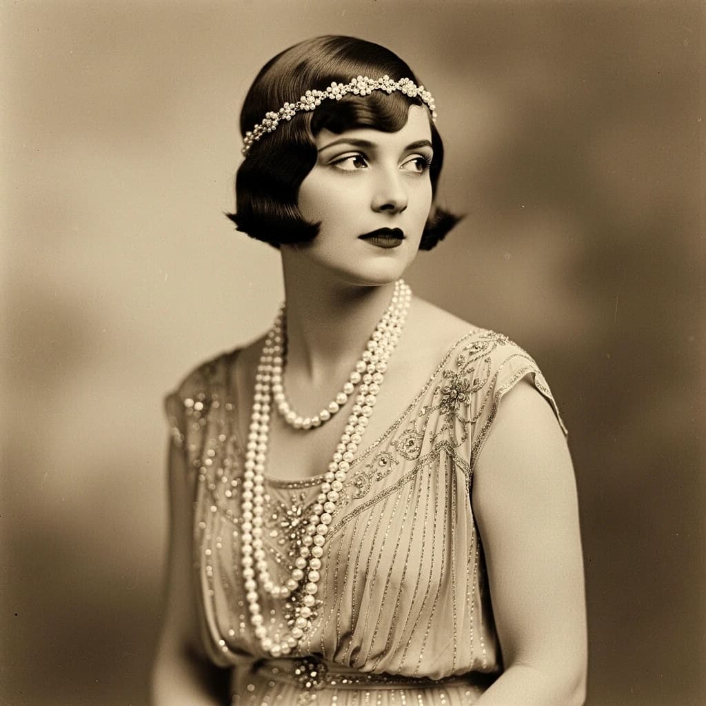 Sepia-toned studio portrait of a flapper with pearl necklace, soft grain.