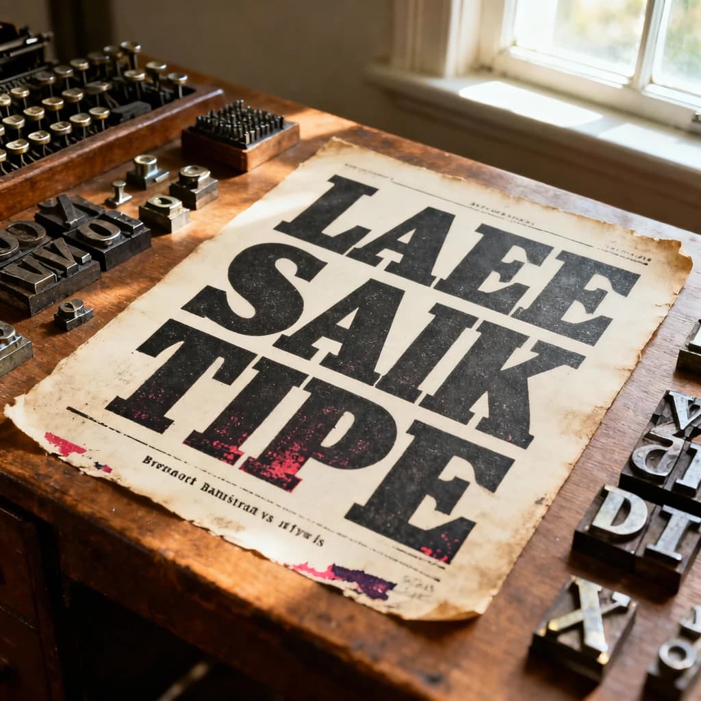 A vintage letterpress poster on a wooden desk: bold slab serif headline, tight kerning, misregistered ink, slightly worn edges, scattered metal type, soft window light.