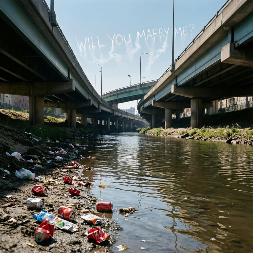 Red soda cans and other garbage sit strewn across the bank of an urban river only a few metres wide. Concrete overpasses criss cross overhead on a bright and sunny day. Fading skywriting proposes marriage