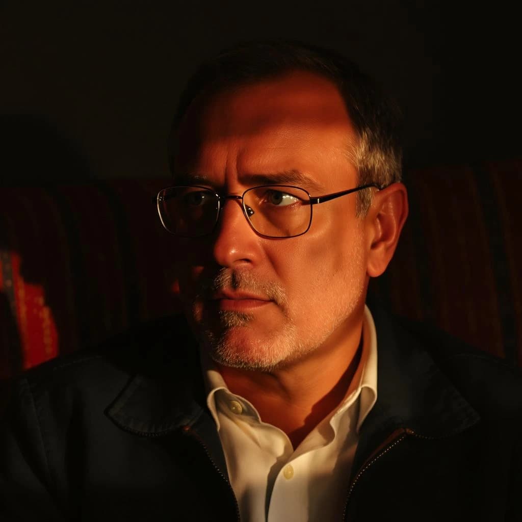A sharply lit portrait of a middle-aged man wearing thin-rimmed glasses and a dark jacket over a white collared shirt. He gazes intently to the side, his face half illuminated by warm light while the background recedes into deep shadow. The expression is thoughtful, almost wary, as if caught mid-conversation. Behind him, a striped cushion in muted reds and blacks adds subtle texture, contrasting with the crisp highlights on his forehead and glasses. The overall mood is contemplative and cinematic, balancing warmth with tension.