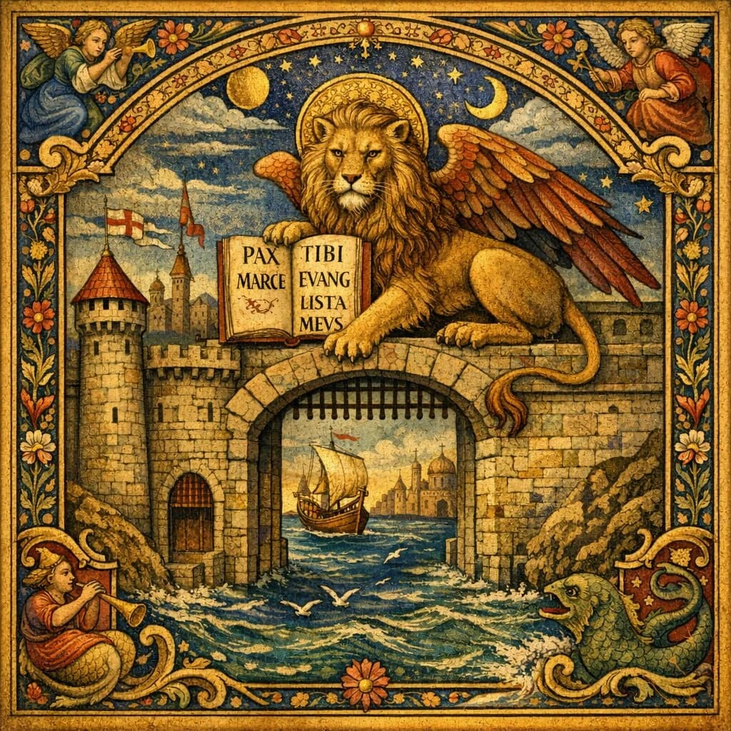 Paint an illuminated manuscript scene of a winged lion guarding a sea gate.