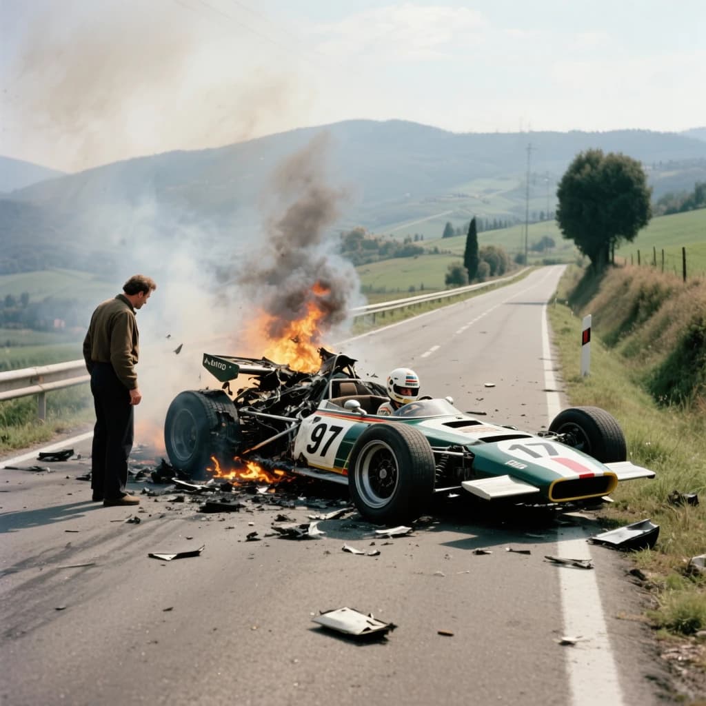 Mario examines the still smouldering wreck of the crash that took his best driver on the side of the country road. He designed this car and caused this. 3 days have passed since the crash. It's 1973 in Northern Italy.