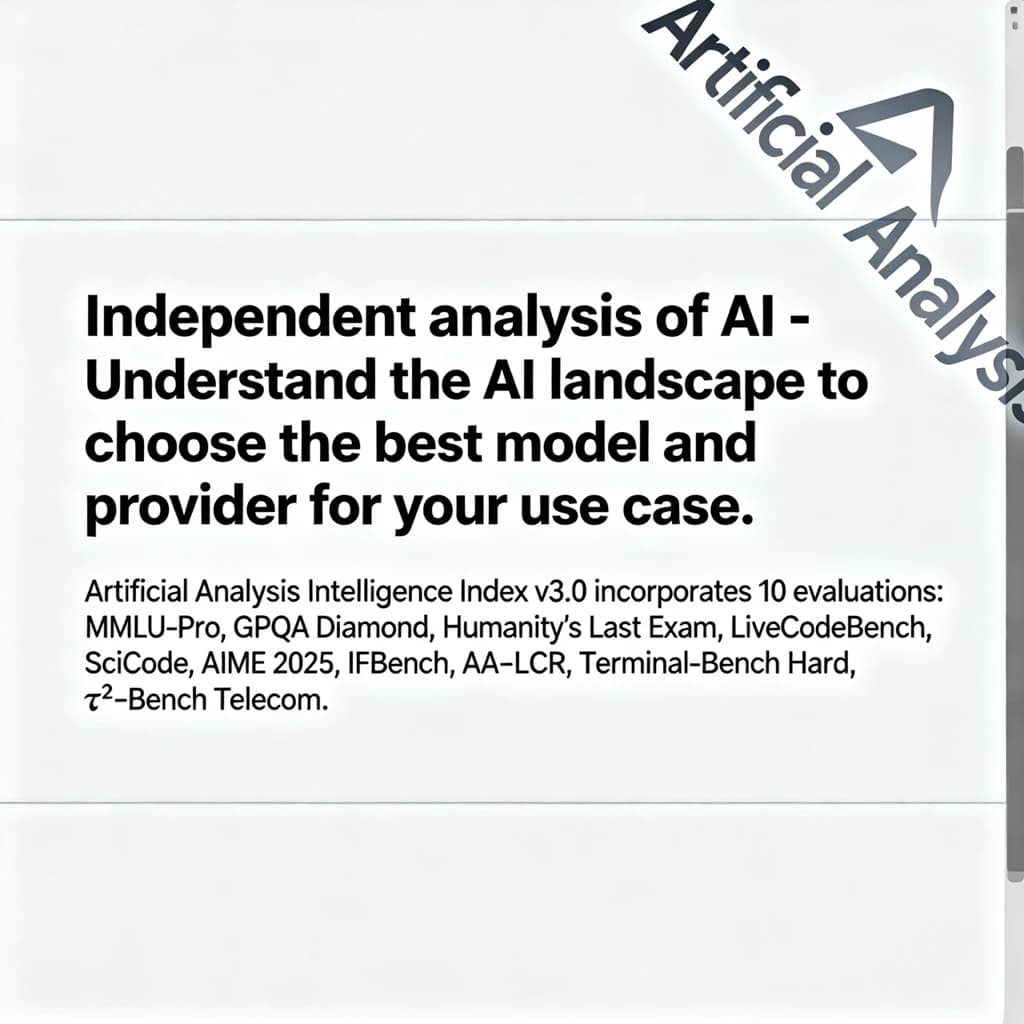 On a white dashboard with thin gray dividers, place a centered header in Helvetica Neue Bold, 20pt: “Independent analysis of AI - Understand the AI landscape to choose the best model and provider for your use case.” Directly beneath, a subheader in smaller Regular weight, 14pt: “Artificial Analysis Intelligence Index v3.0 incorporates 10 evaluations: MMLU-Pro, GPQA Diamond, Humanity's Last Exam, LiveCodeBench, SciCode, AIME 2025, IFBench, AA-LCR, Terminal-Bench Hard, 𝜏²-Bench Telecom.” The header is fully justified but the subheader is left-aligned. In the upper right corner, the Artificial Analysis logo appears watermarked, diagonal, faint gray, partially overlapping the scrollbar.