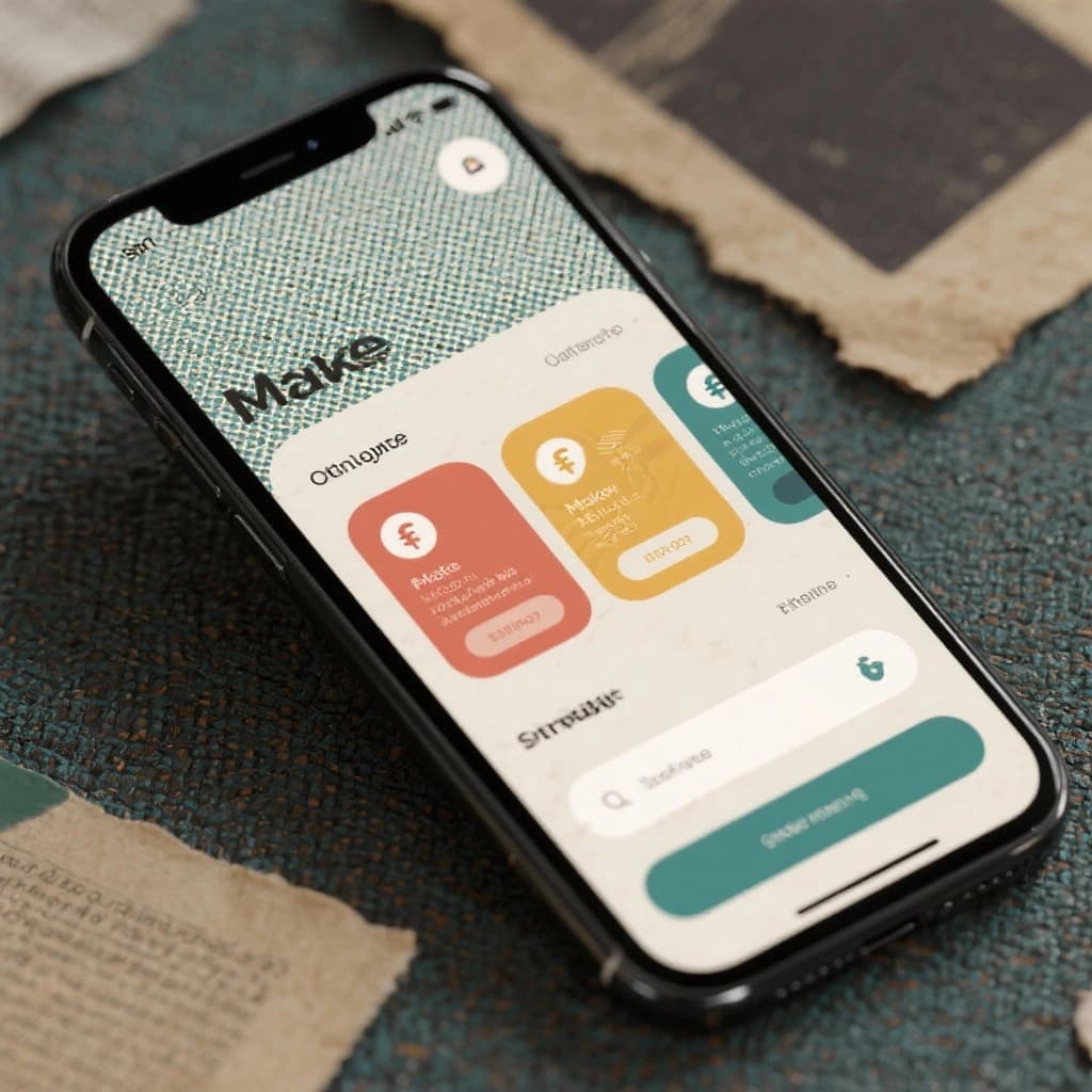 Make mobile finance app screens with mid-century palette, halftone, paper grain.