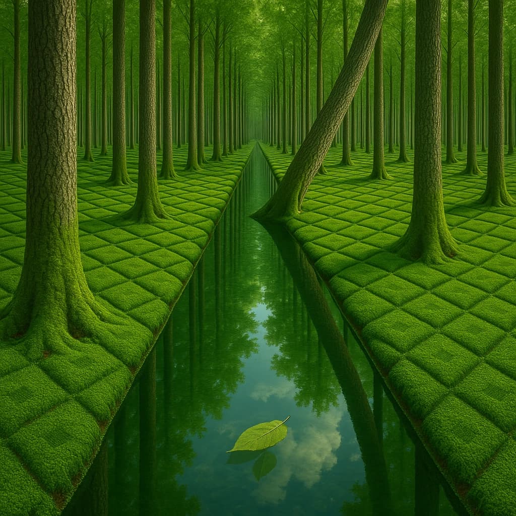 The forest is saturated green, trees identical in height and width, trunks straight, bark texture repeating. One trunk leans diagonally yet the branches remain vertical. The moss is emerald, glistening, though each patch forms identical diamond shapes. A stream runs straight, perfectly linear, water clear, reflecting clouds not visible in the sky. No animals, no insects, but one leaf floats on the water, doubled, showing two overlapping shadows.