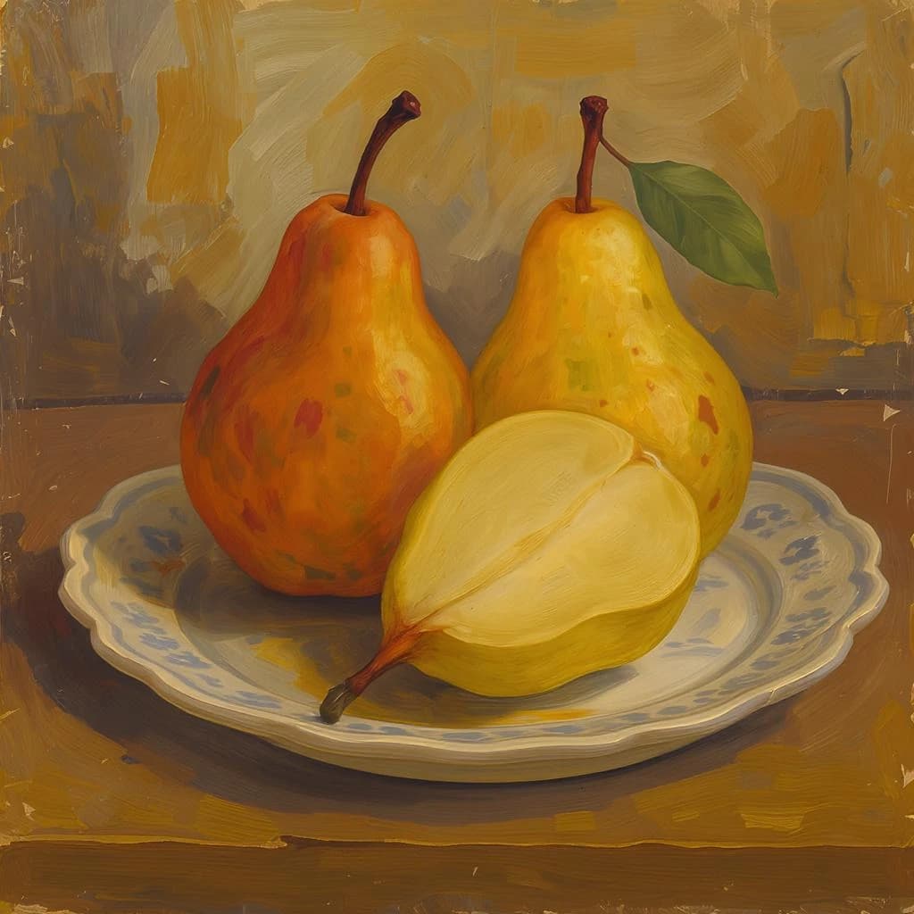A gouache still life of pears on a chipped plate.