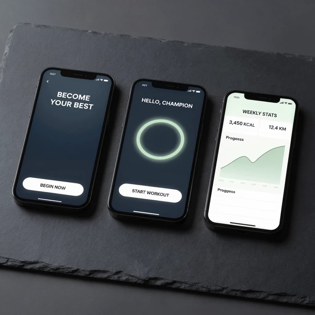 Sleek mobile fitness app screens on a desk: dark mode home, progress dashboard, simple onboarding, clear 8 pt grid, slightly oversized buttons for thumb reach, muted colors.