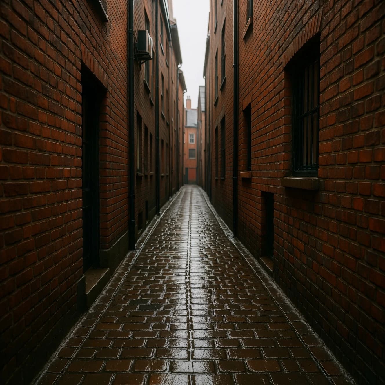 Show a narrow brick alley with wet cobblestones.