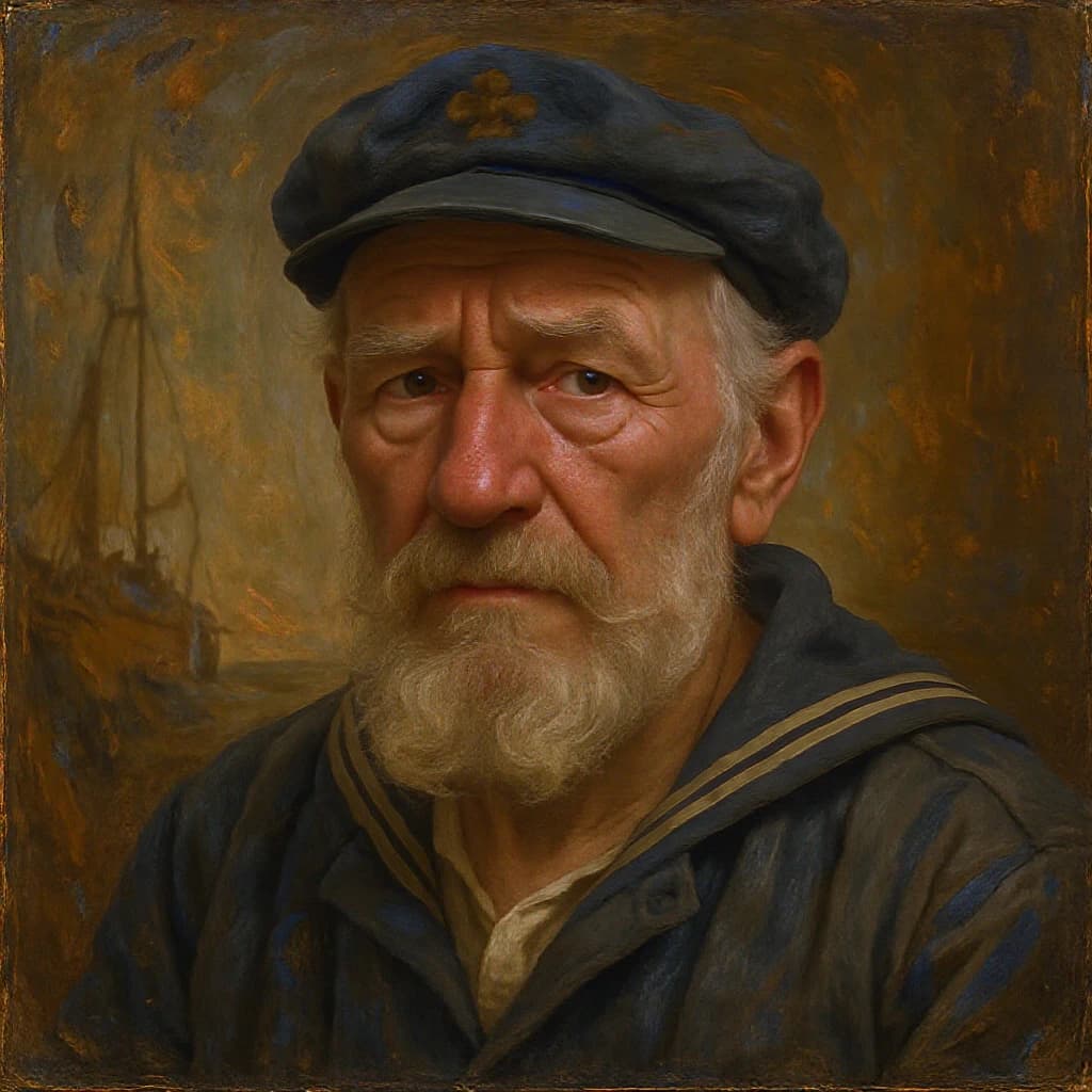 Oil on canvas portrait of an elderly sailor, weathered face, soft light.