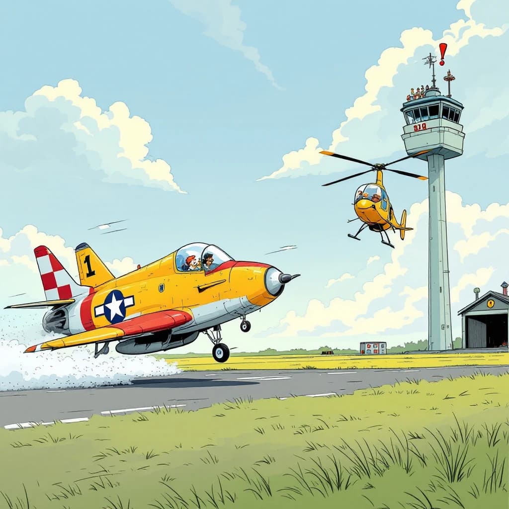 Almost at the runway, Fred the Fighter Jet is racing with Barry the Bomber to see who lands first. Fred has a mischievous trick up his sleeve but Hermione the Helicopter is going to stop him before he gets the chance. The control tower is very angry and has a big exclamation mark. Hand drawn cel look