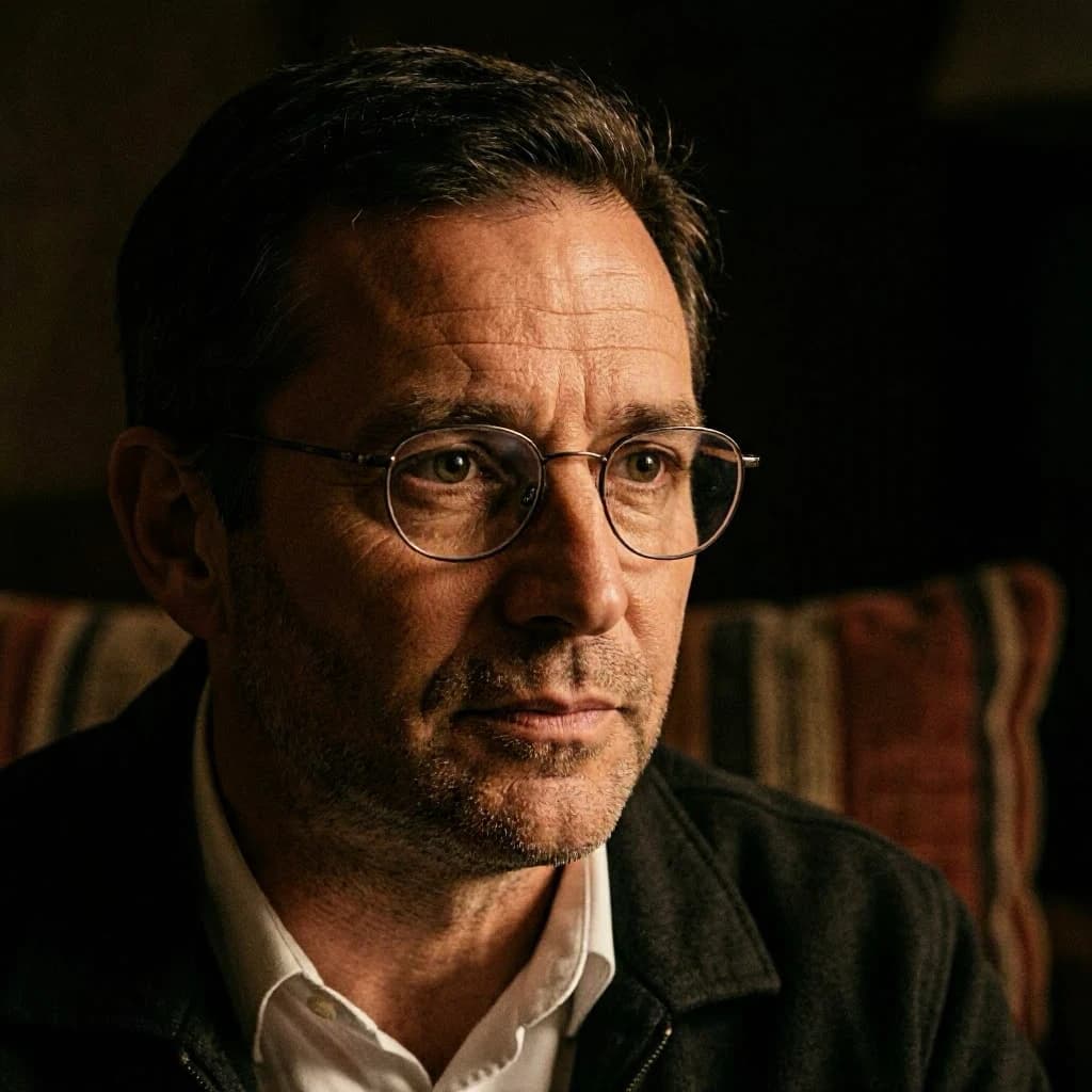 A sharply lit portrait of a middle-aged man wearing thin-rimmed glasses and a dark jacket over a white collared shirt. He gazes intently to the side, his face half illuminated by warm light while the background recedes into deep shadow. The expression is thoughtful, almost wary, as if caught mid-conversation. Behind him, a striped cushion in muted reds and blacks adds subtle texture, contrasting with the crisp highlights on his forehead and glasses. The overall mood is contemplative and cinematic, balancing warmth with tension.