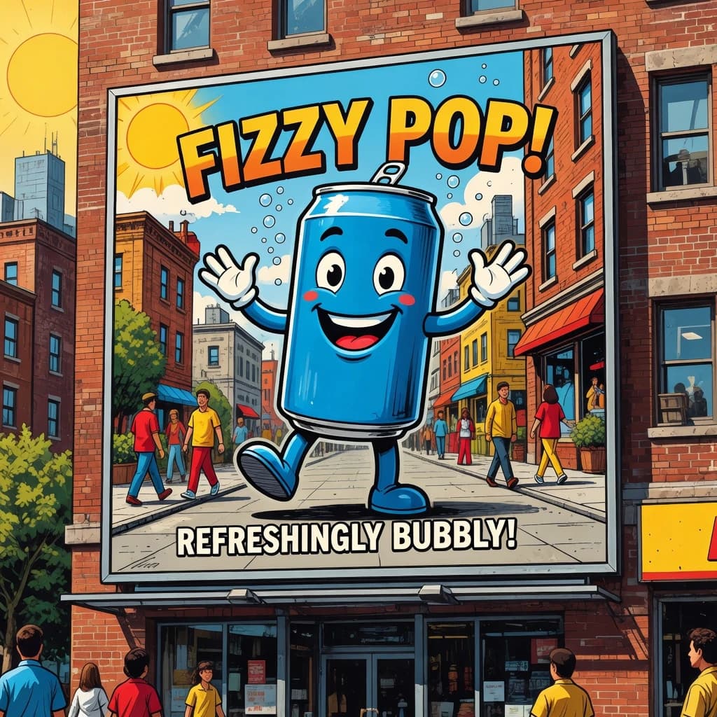 Design a bright soda billboard ad with a bubbly can mascot, thick inky lines.