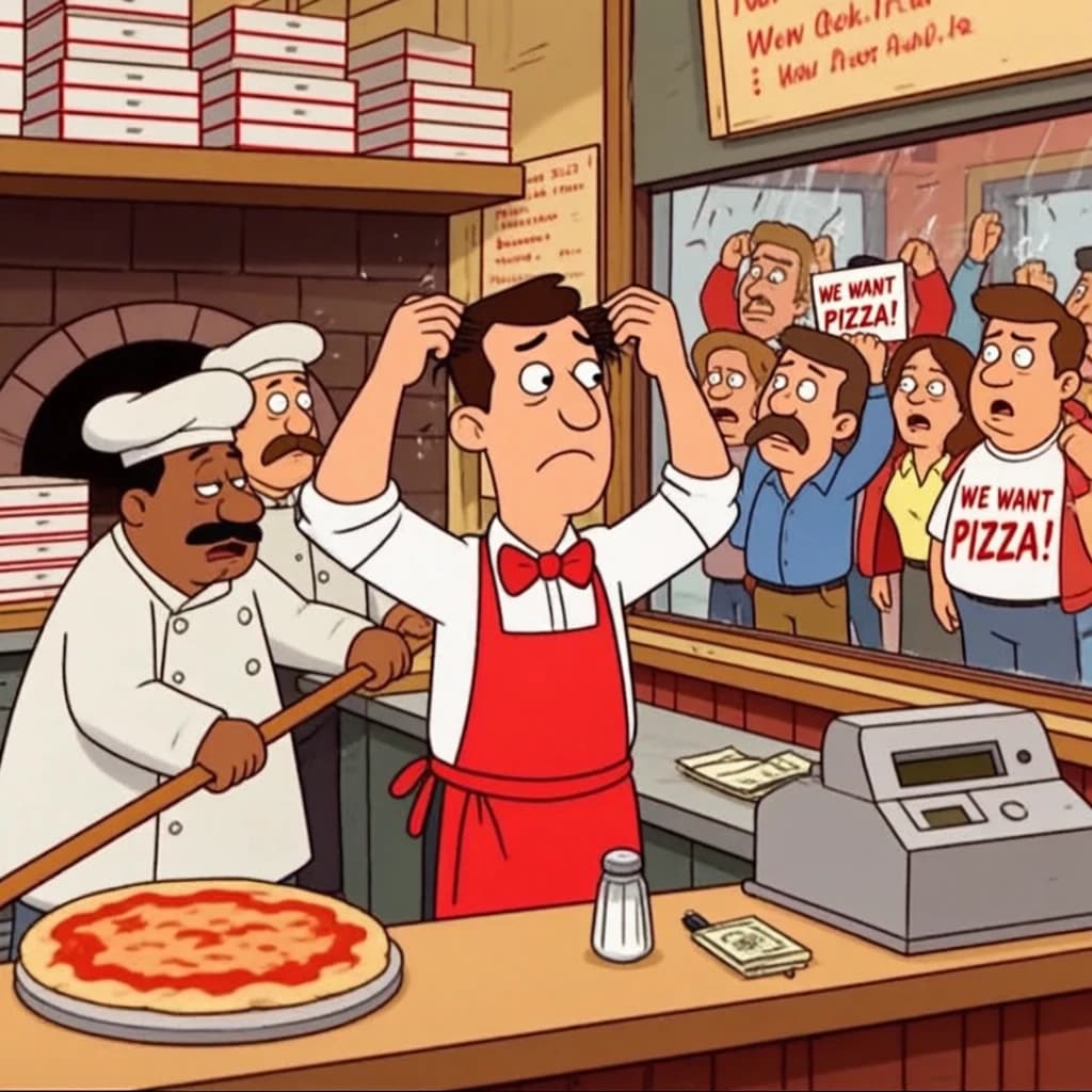 Pasquale is pulling his few remaining hairs out over a disaster at the pizzeria - the cooks are working as fast as they can but the crowds outside are swelling and they demand hot hot pizza! They are banging on the glass and some are wearing "we want pizza" shirts. 1980s western TV animation style.